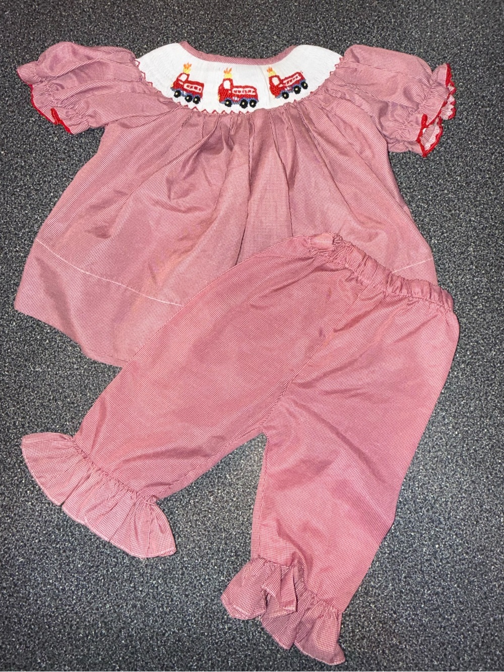 Girls Red Smocked Firetruck Two-Piece Outfit Size 12 Months